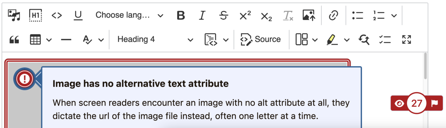 Editoria11y checking content in CKEditor, and flagging an image without alt text